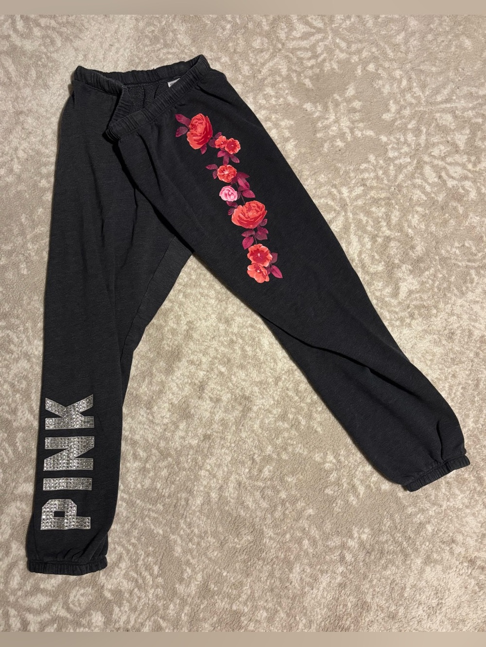 Victoria’s Secret PINK - Grey Sweatpant W/ Flower Print Graphic & Bedazzled Logo - Picture 2 of 9